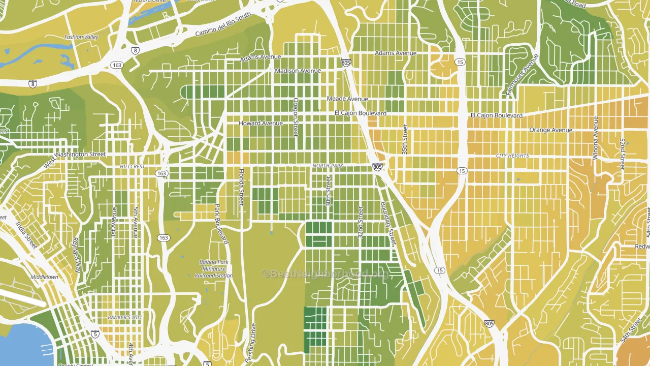 Map of the best neighborhoods in the North Park San Diego, San Diego area, with better matches in green and worse matches in red