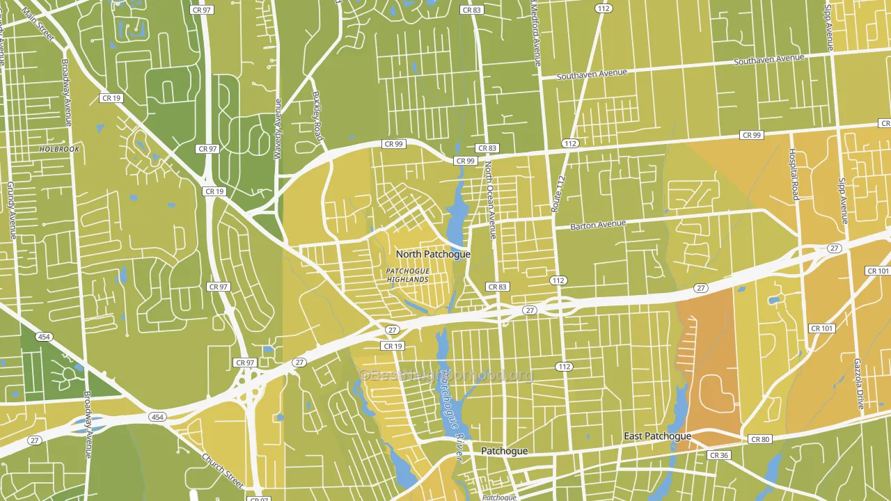 Map of the best neighborhoods in the North Patchogue area, with better matches in green and worse matches in red