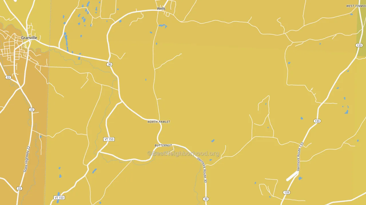 Map of the best neighborhoods in the North Pawlet area, with better matches in green and worse matches in red