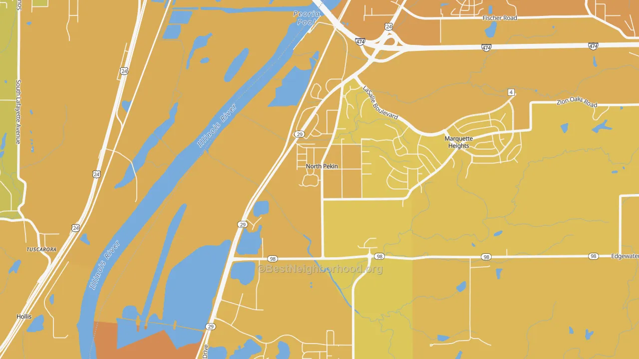 Map of the best neighborhoods in the North Pekin area, with better matches in green and worse matches in red
