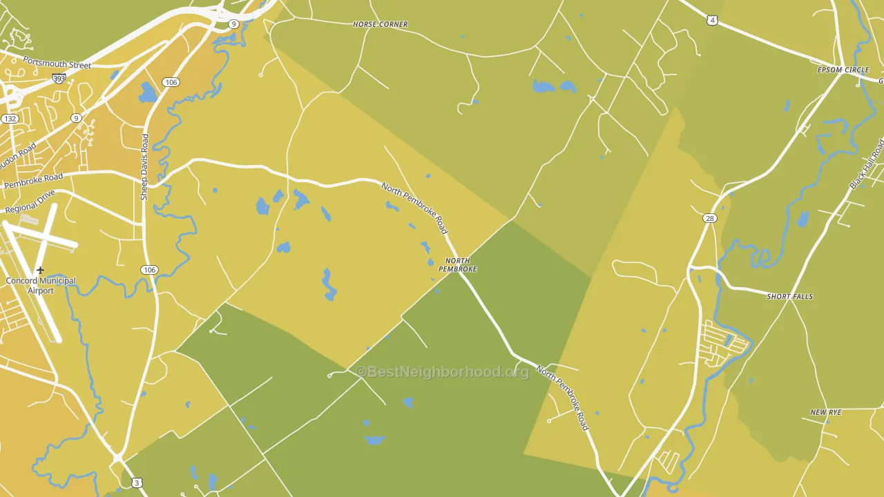 Map of the best neighborhoods in the North Pembroke area, with better matches in green and worse matches in red