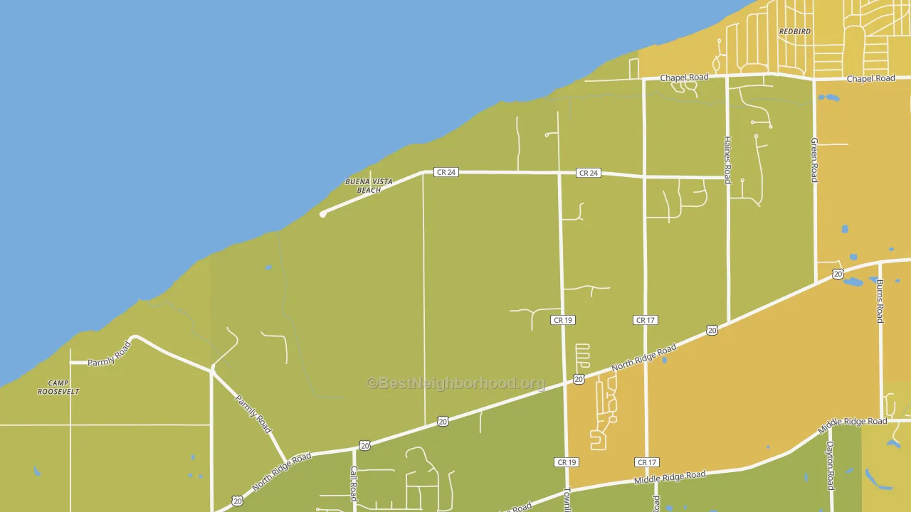 Map of the best neighborhoods in the North Perry area, with better matches in green and worse matches in red