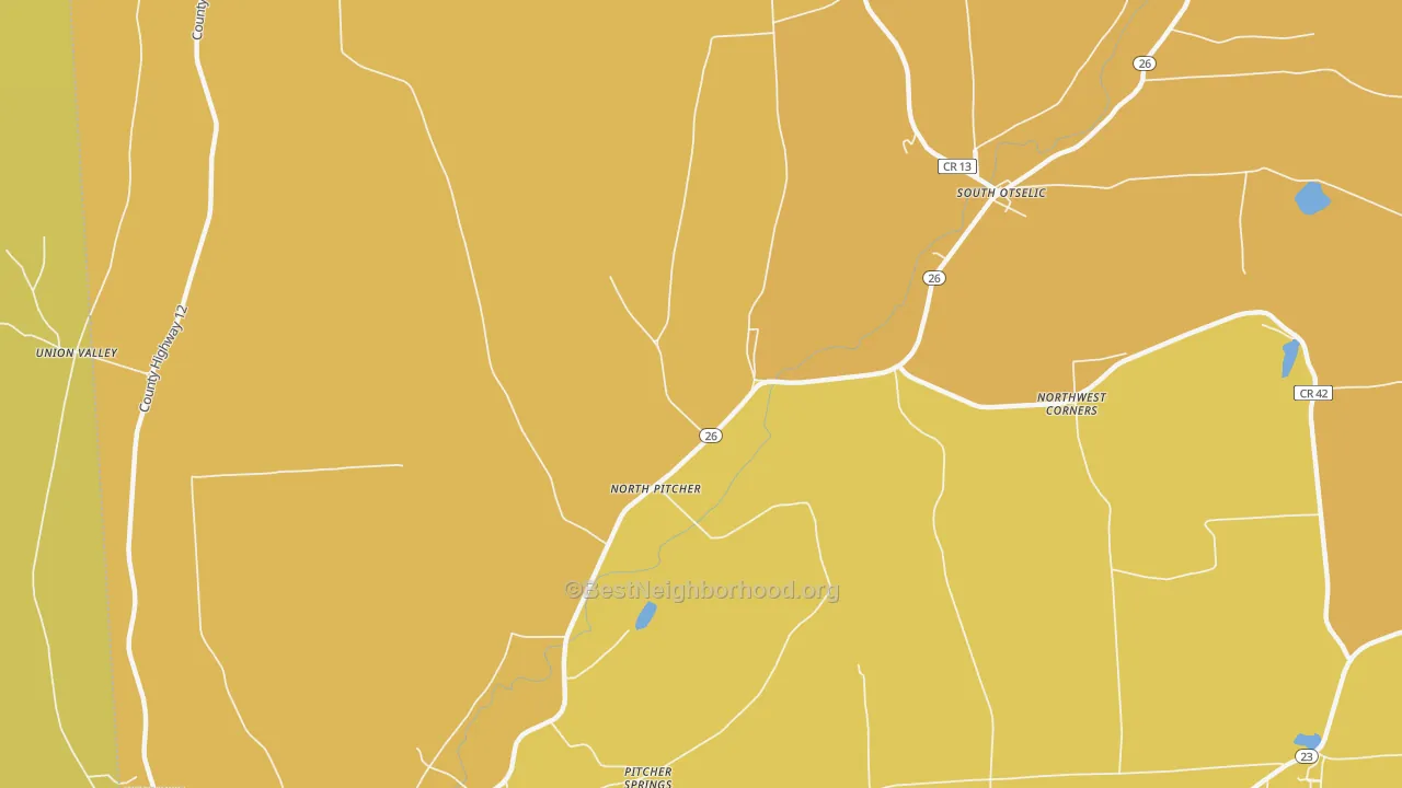 Map of the best neighborhoods in the North Pitcher area, with better matches in green and worse matches in red