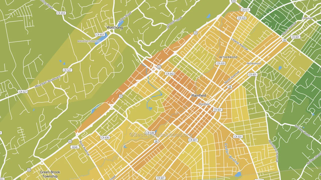 Map of the best neighborhoods in the North Plainfield area, with better matches in green and worse matches in red