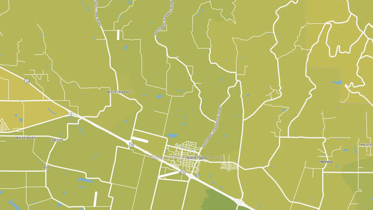 Map of the best neighborhoods in the North Plains area, with better matches in green and worse matches in red