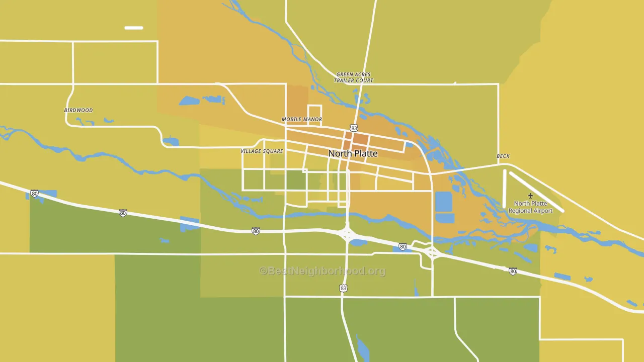 Map of the best neighborhoods in the North Platte area, with better matches in green and worse matches in red