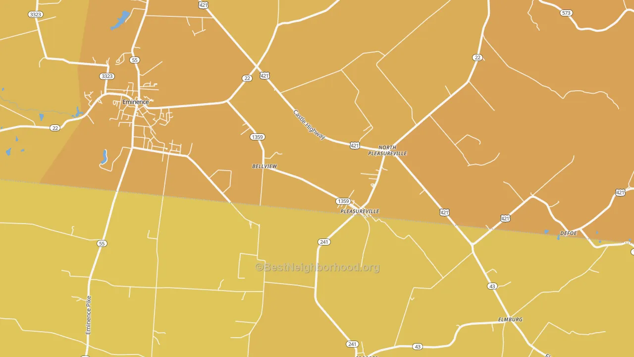 Map of the best neighborhoods in the North Pleasureville area, with better matches in green and worse matches in red