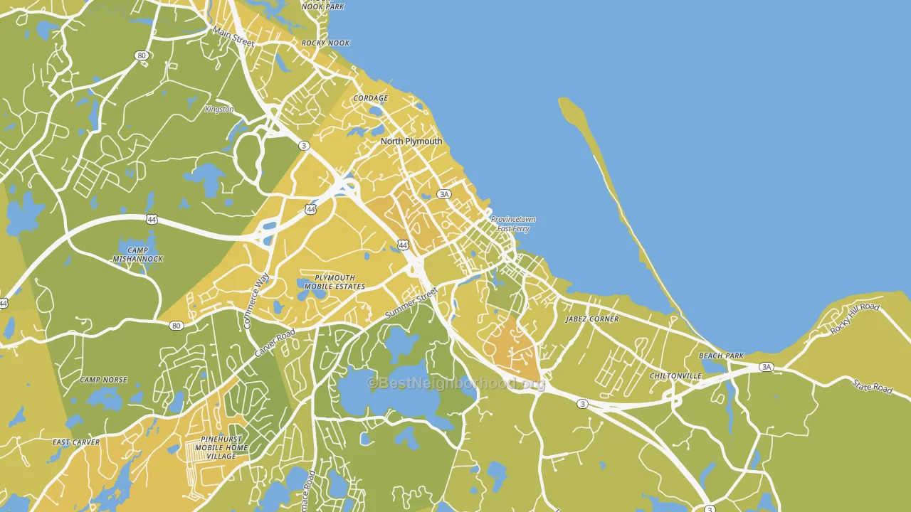 Map of the best neighborhoods in the North Plymouth, Plymouth area, with better matches in green and worse matches in red