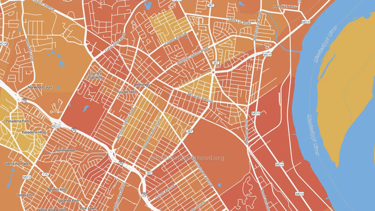 Map of the best neighborhoods in the North Pointe, St. Louis area, with better matches in green and worse matches in red