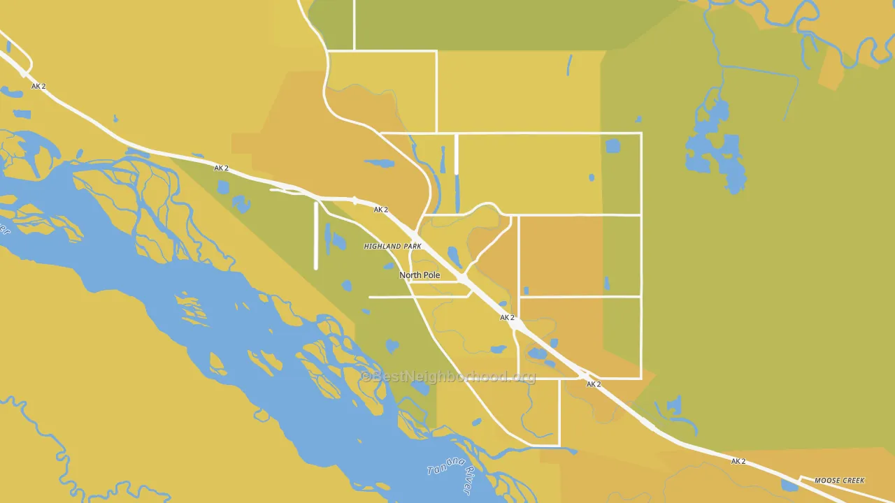 Map of the best neighborhoods in the North Pole area, with better matches in green and worse matches in red