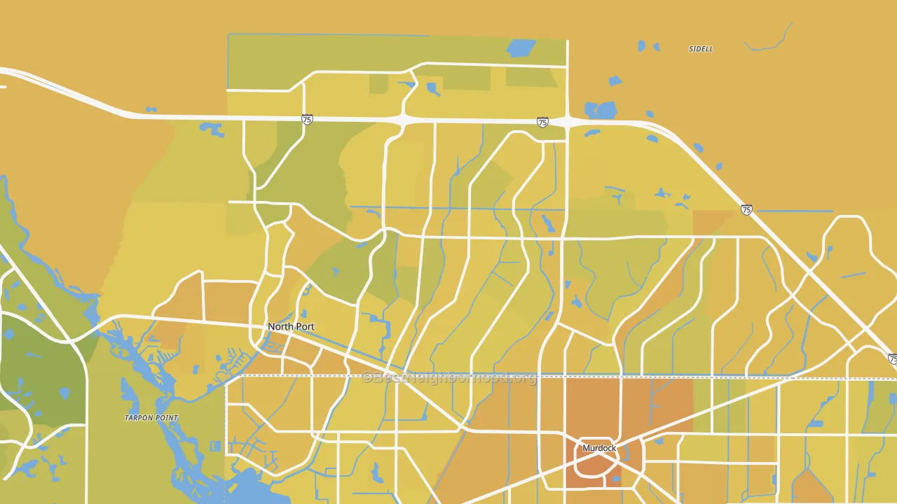 Map of the best neighborhoods in the North Port area, with better matches in green and worse matches in red