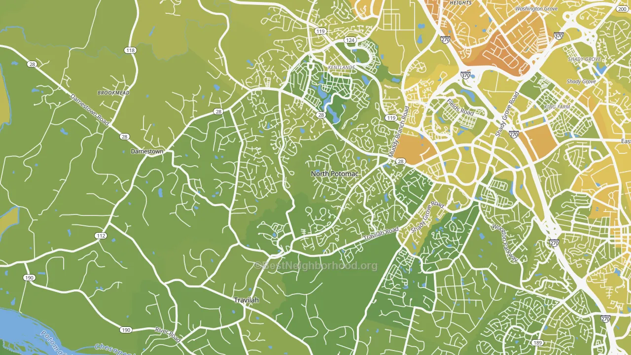 Map of the best neighborhoods in the North Potomac area, with better matches in green and worse matches in red