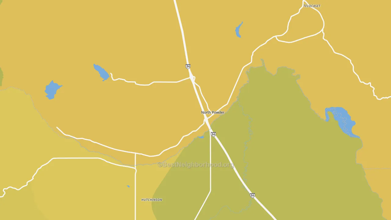 Map of the best neighborhoods in the North Powder area, with better matches in green and worse matches in red