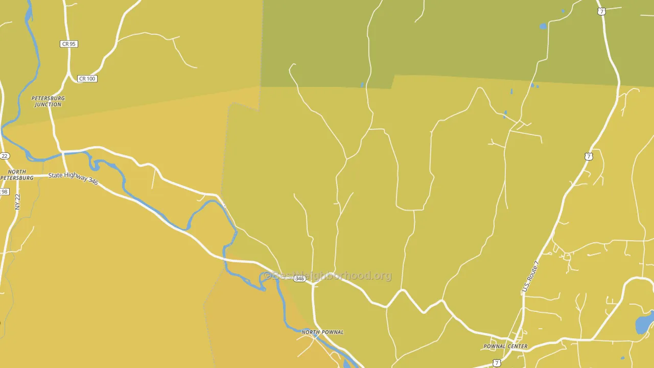 Map of the best neighborhoods in the North Pownal area, with better matches in green and worse matches in red