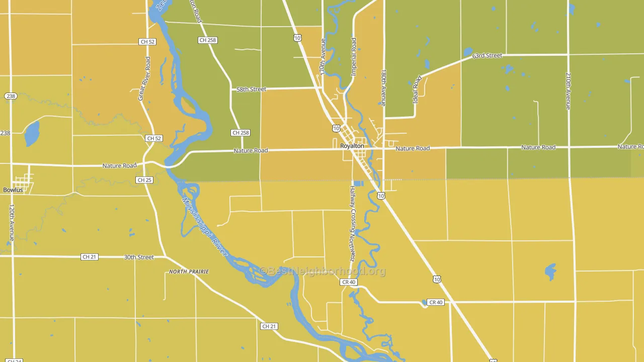 Map of the best neighborhoods in the North Prairie area, with better matches in green and worse matches in red