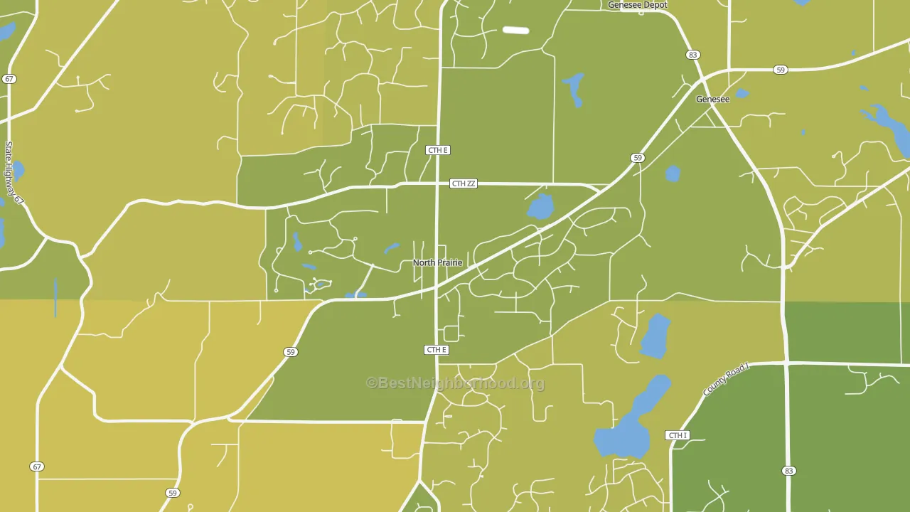 Map of the best neighborhoods in the North Prairie area, with better matches in green and worse matches in red