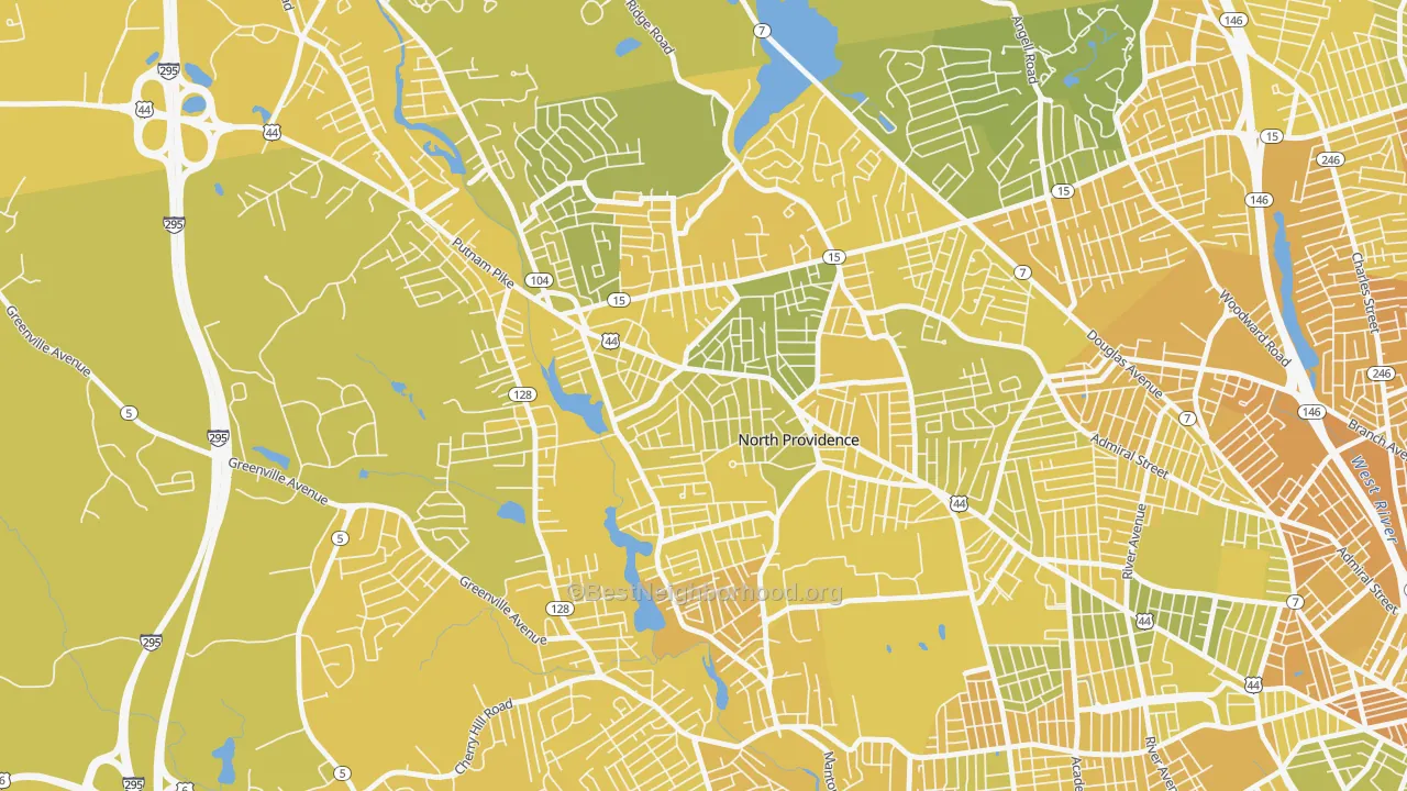 Map of the best neighborhoods in the North Providence area, with better matches in green and worse matches in red