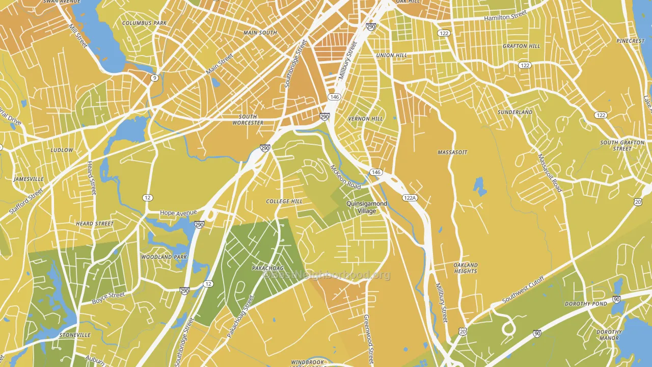 Map of the best neighborhoods in the North Quinsigamond Village, Worcester area, with better matches in green and worse matches in red