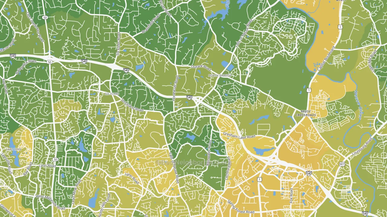 Map of the best neighborhoods in the North, Raleigh area, with better matches in green and worse matches in red