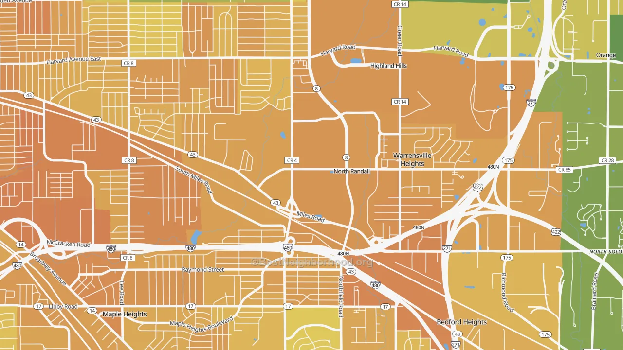 Map of the best neighborhoods in the North Randall area, with better matches in green and worse matches in red