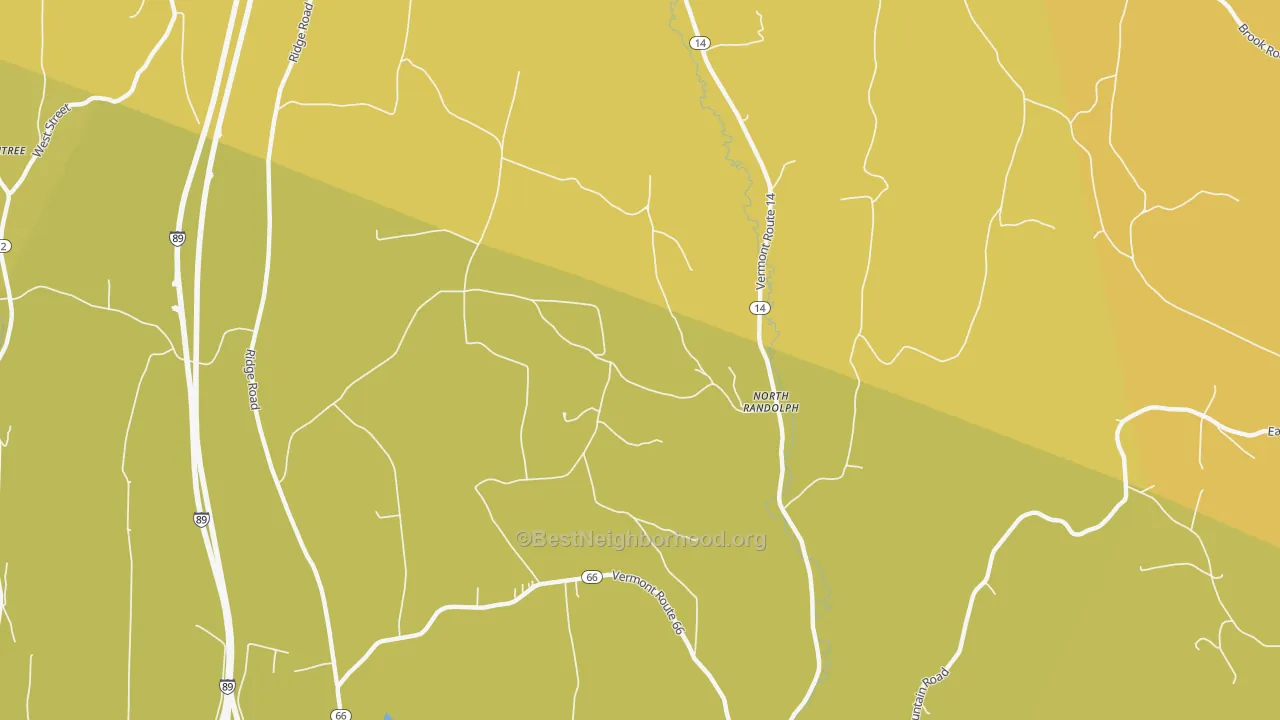 Map of the best neighborhoods in the North Randolph area, with better matches in green and worse matches in red