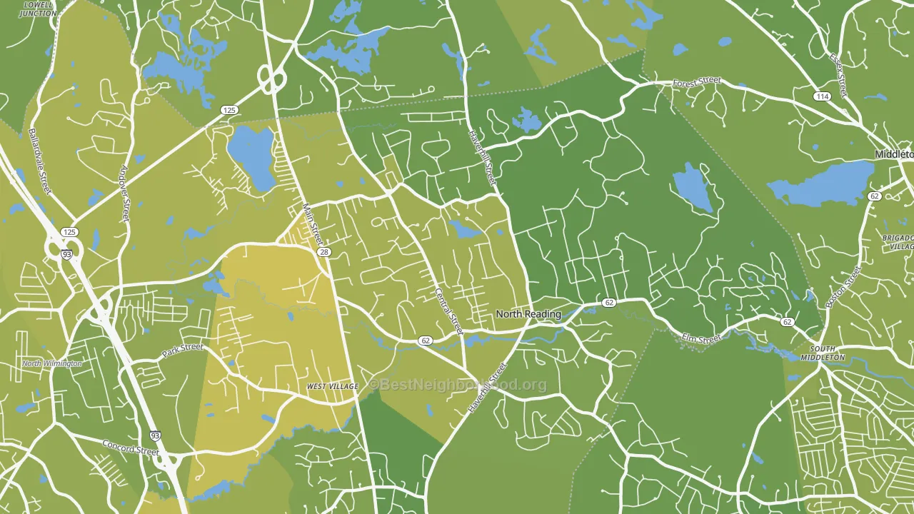 Map of the best neighborhoods in the North Reading area, with better matches in green and worse matches in red