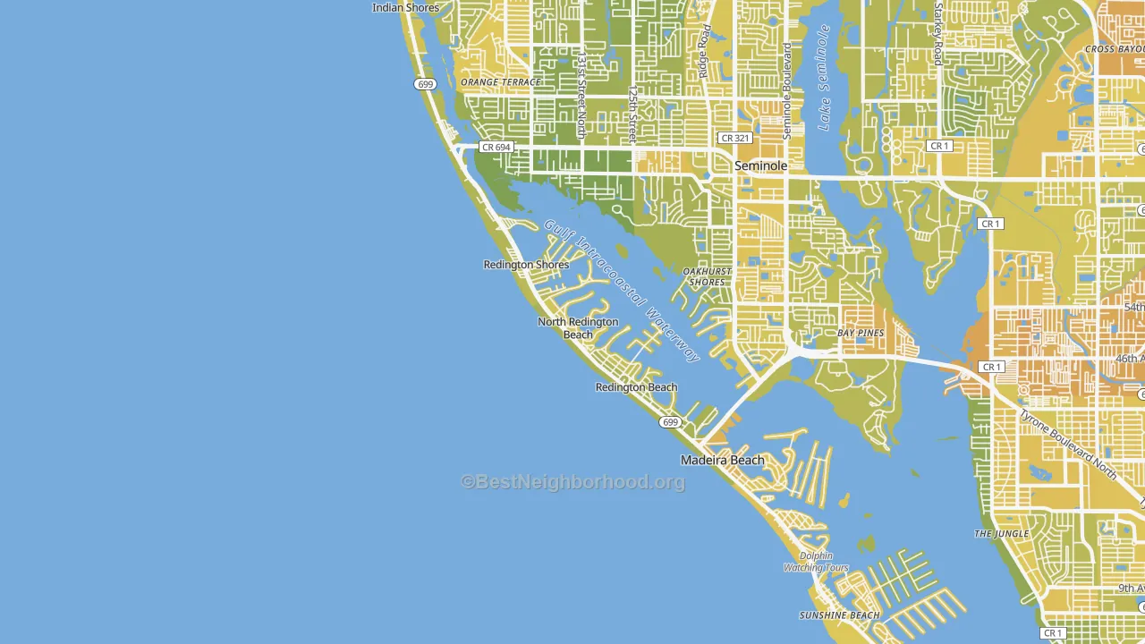 Map of the best neighborhoods in the North Redington Beach area, with better matches in green and worse matches in red