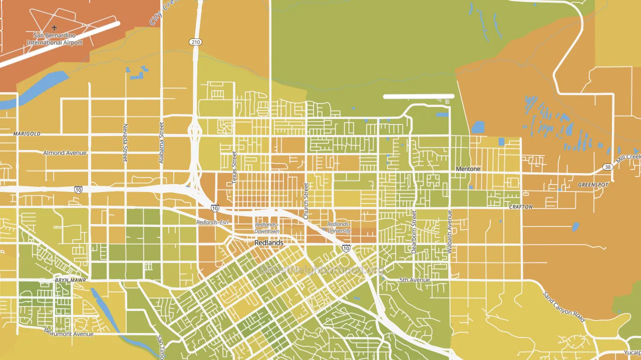 Map of the best neighborhoods in the North Redlands, Redlands area, with better matches in green and worse matches in red