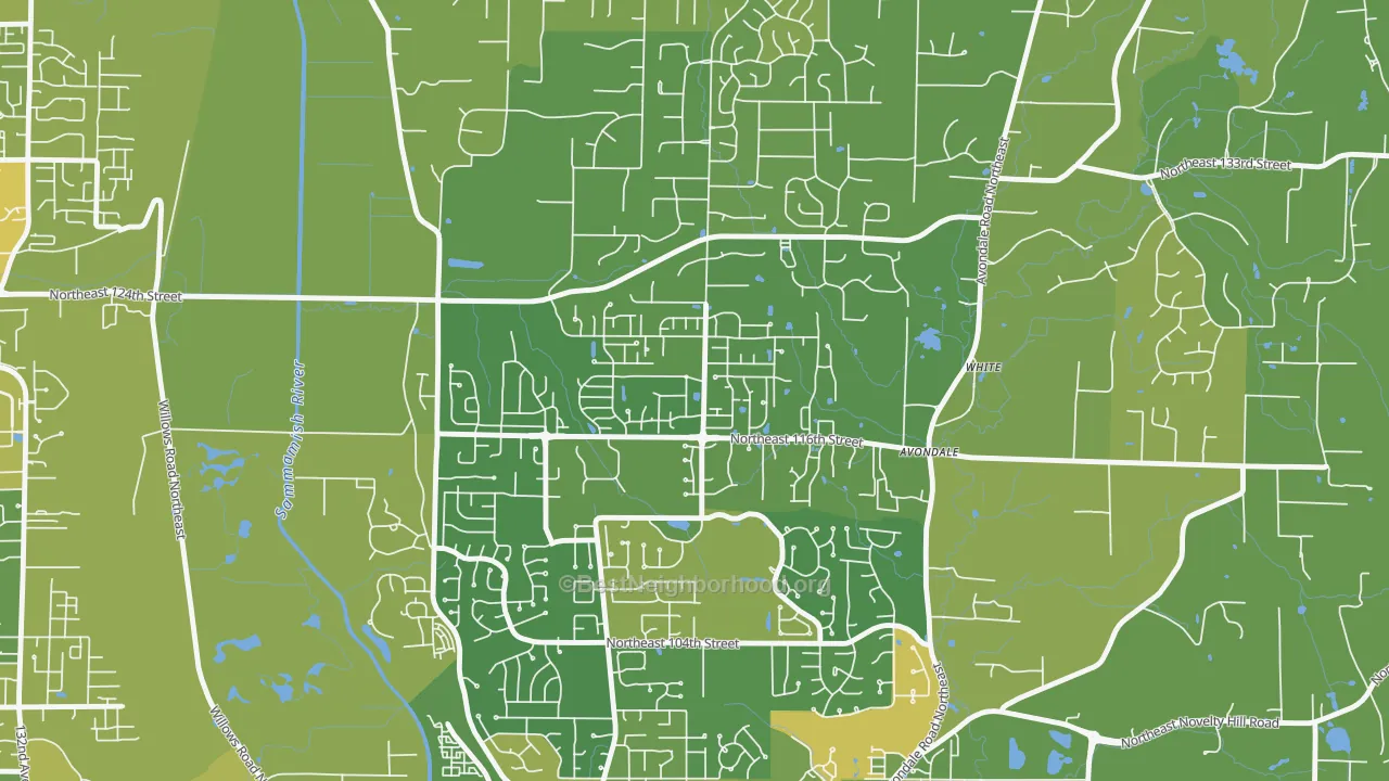 Map of the best neighborhoods in the North Redmond, Redmond area, with better matches in green and worse matches in red