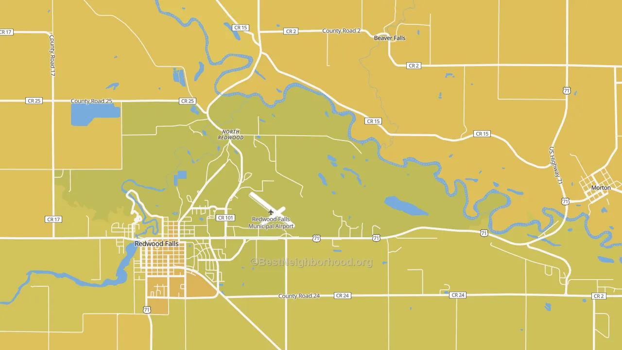 Map of the best neighborhoods in the North Redwood area, with better matches in green and worse matches in red
