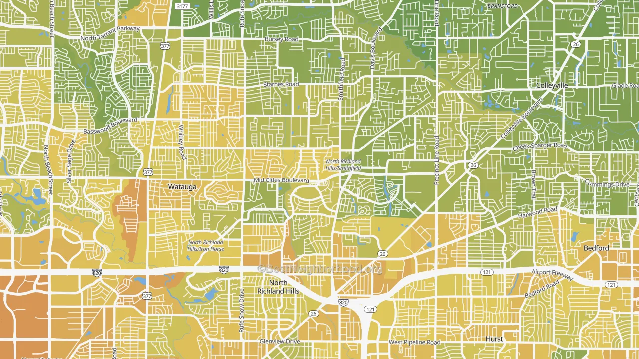 Map of the best neighborhoods in the North Richland Hills area, with better matches in green and worse matches in red
