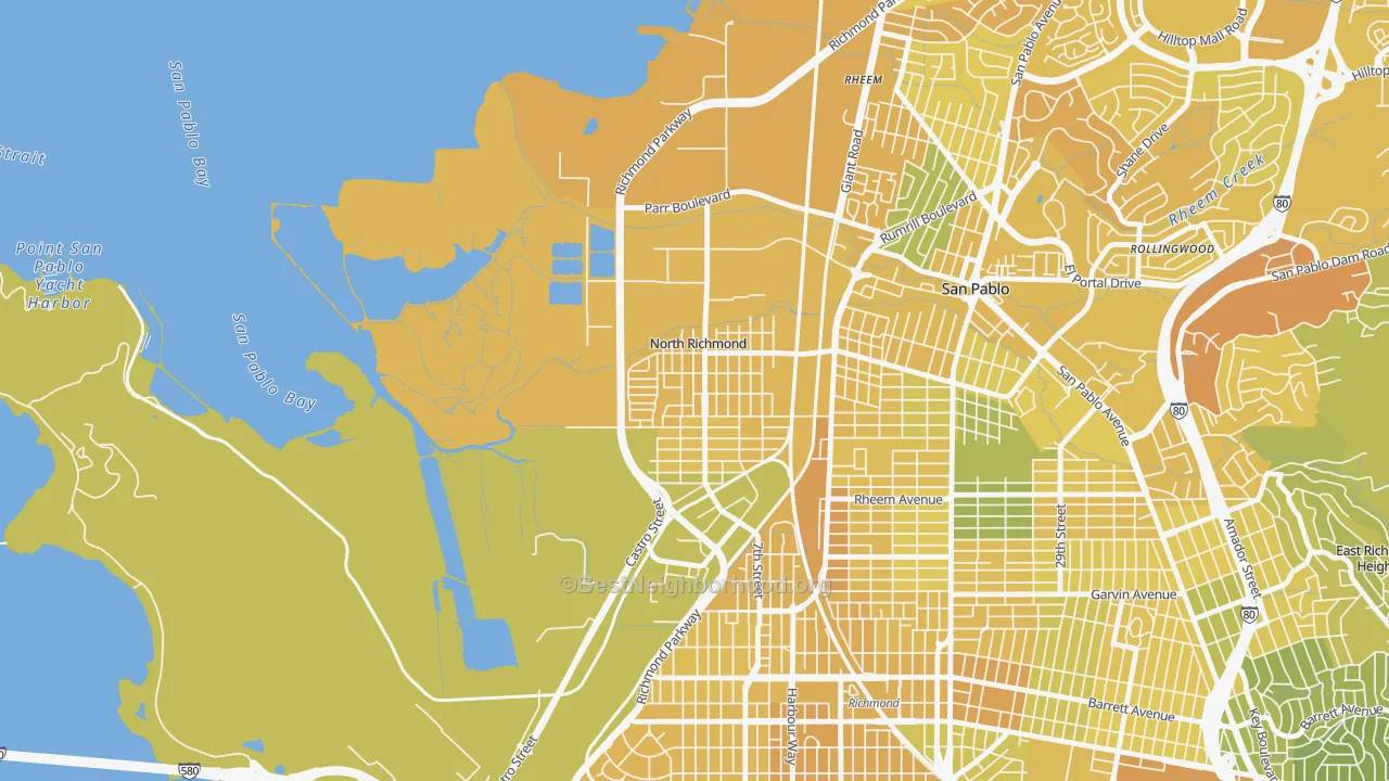 Map of the best neighborhoods in the North Richmond area, with better matches in green and worse matches in red