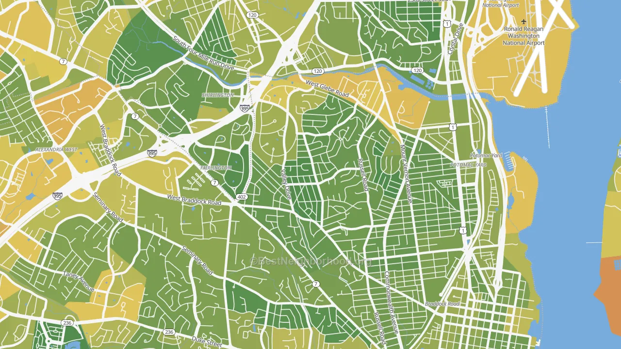 Map of the best neighborhoods in the North Ridge Rosemont, Alexandria area, with better matches in green and worse matches in red