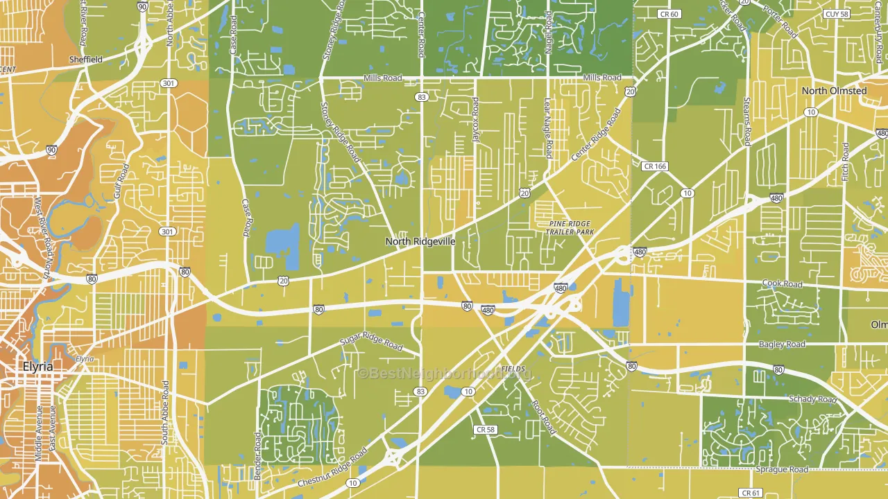 Map of the best neighborhoods in the North Ridgeville area, with better matches in green and worse matches in red