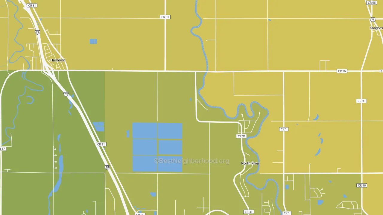 Map of the best neighborhoods in the North River area, with better matches in green and worse matches in red