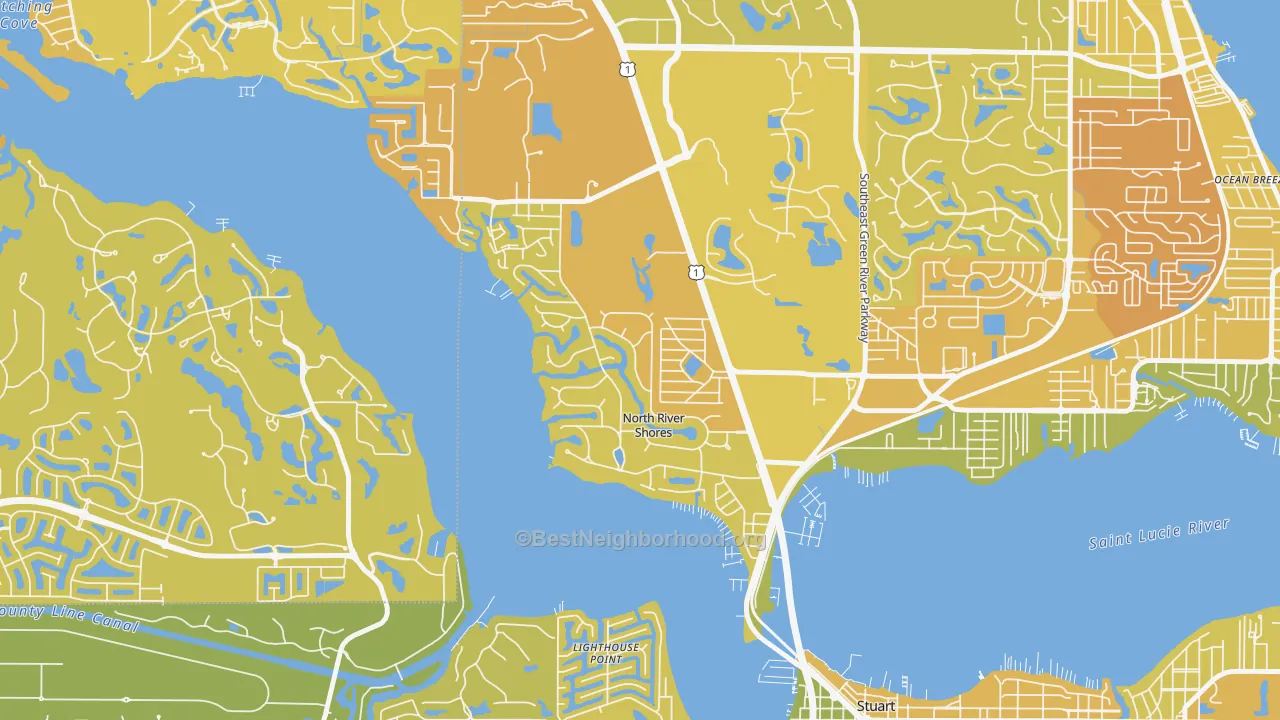 Map of the best neighborhoods in the North River Shores, Stuart area, with better matches in green and worse matches in red