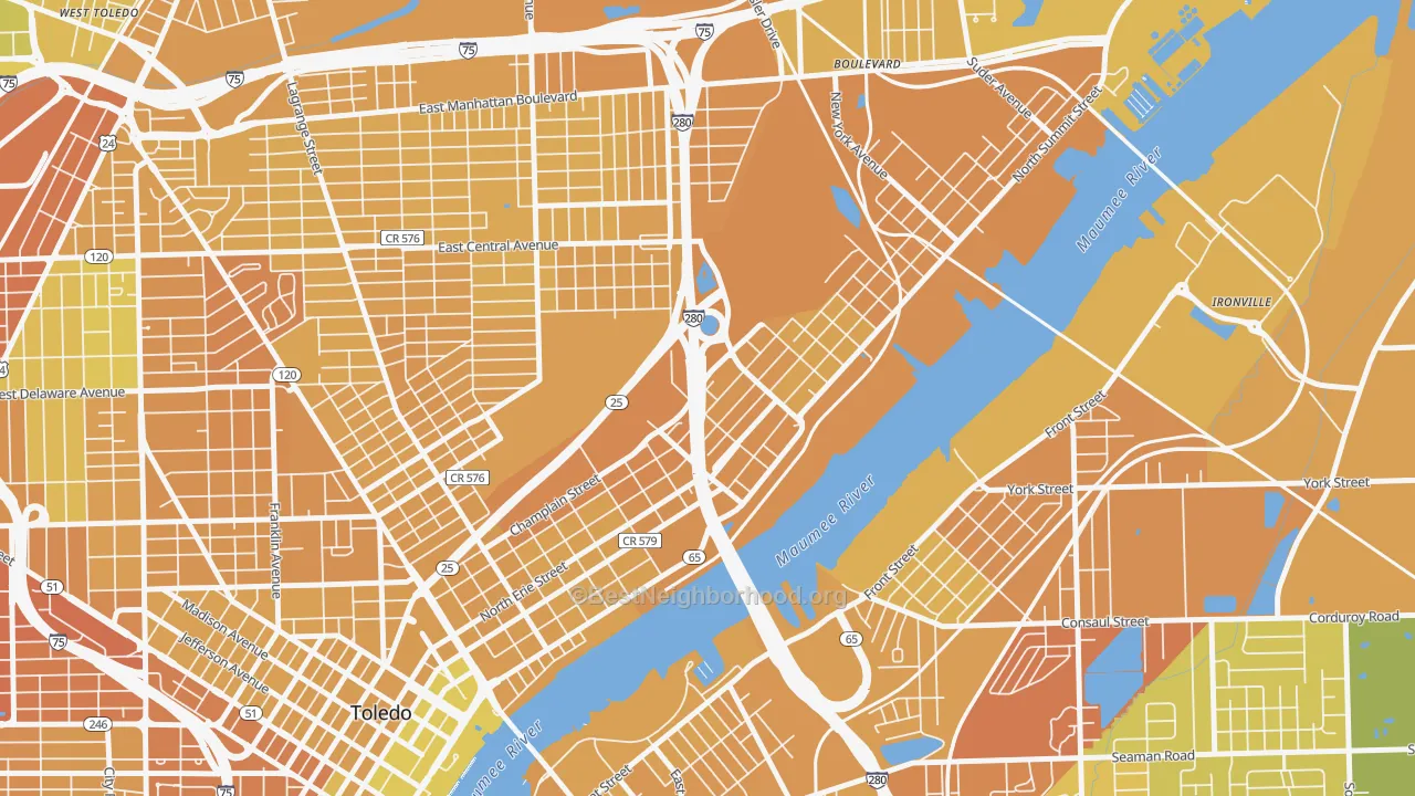 Map of the best neighborhoods in the North River, Toledo area, with better matches in green and worse matches in red