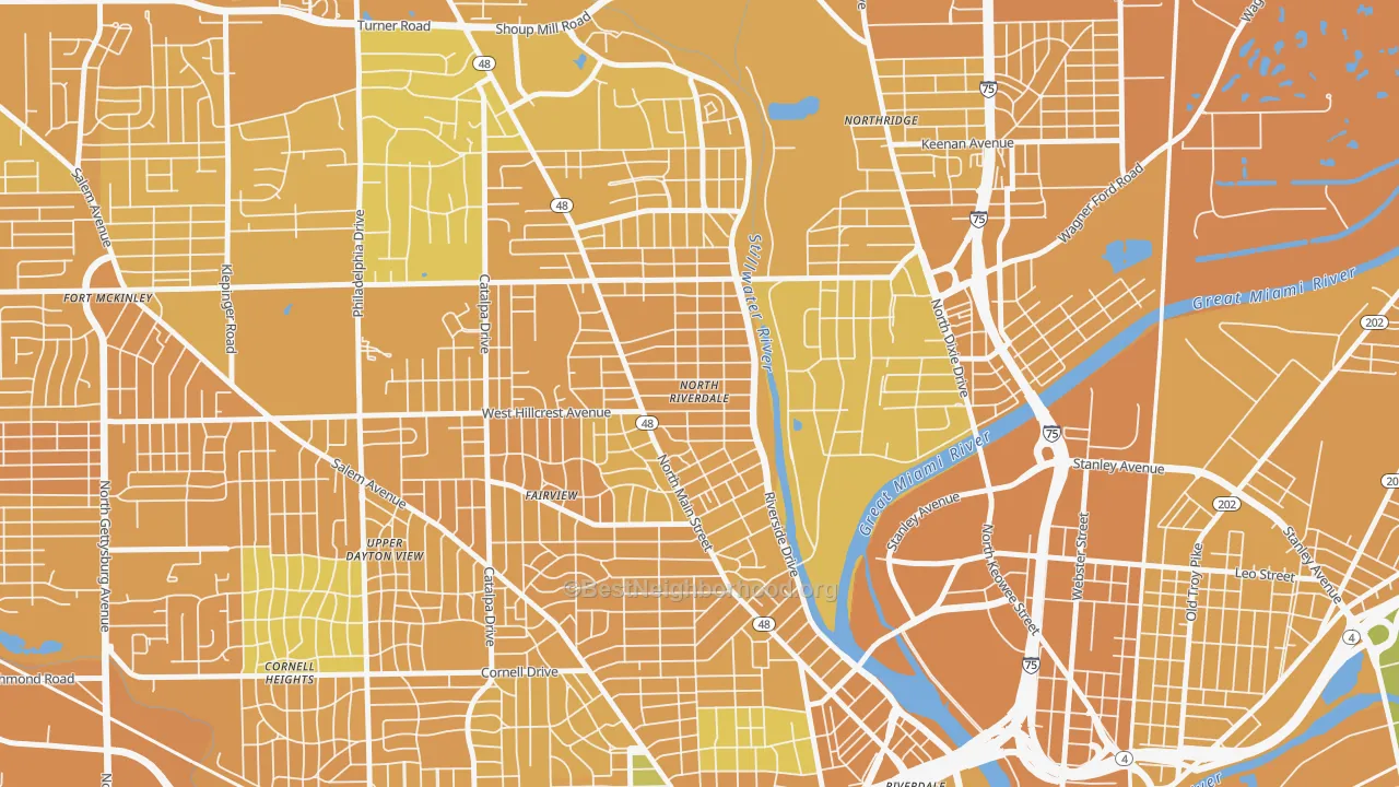 Map of the best neighborhoods in the North Riverdale, Dayton area, with better matches in green and worse matches in red