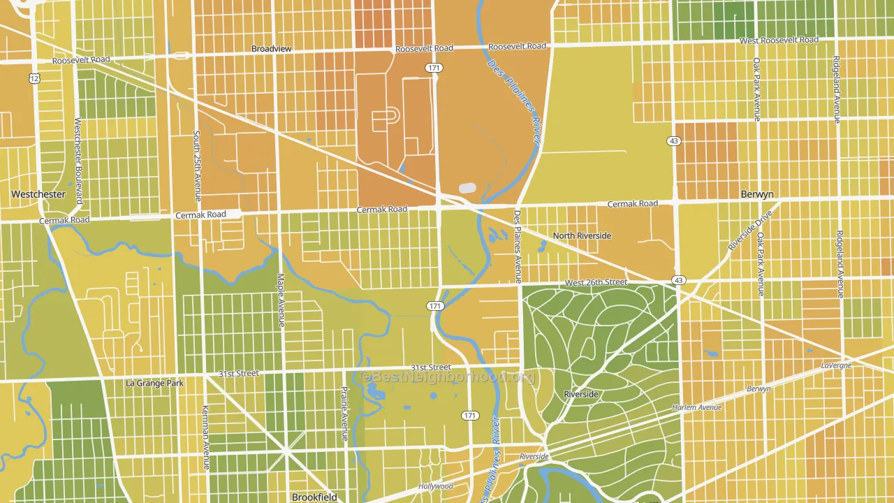 Map of the best neighborhoods in the North Riverside area, with better matches in green and worse matches in red
