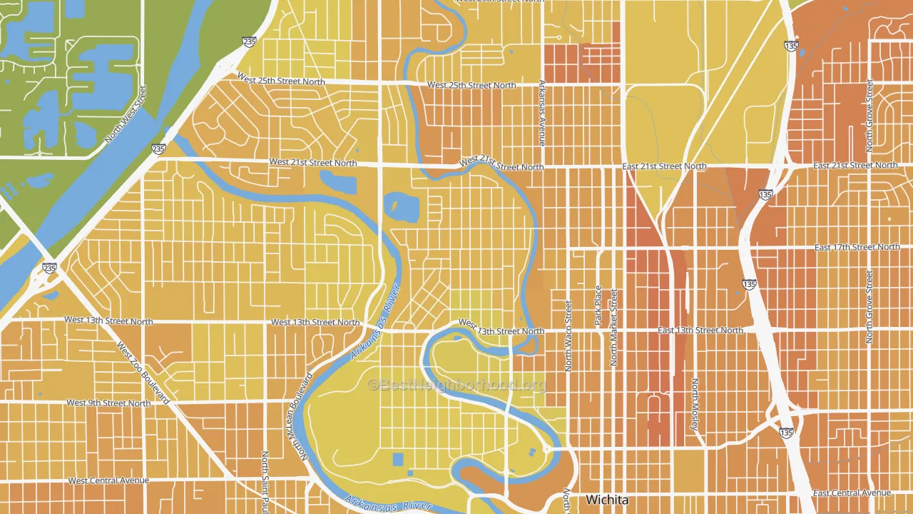 Map of the best neighborhoods in the North Riverside, Wichita area, with better matches in green and worse matches in red