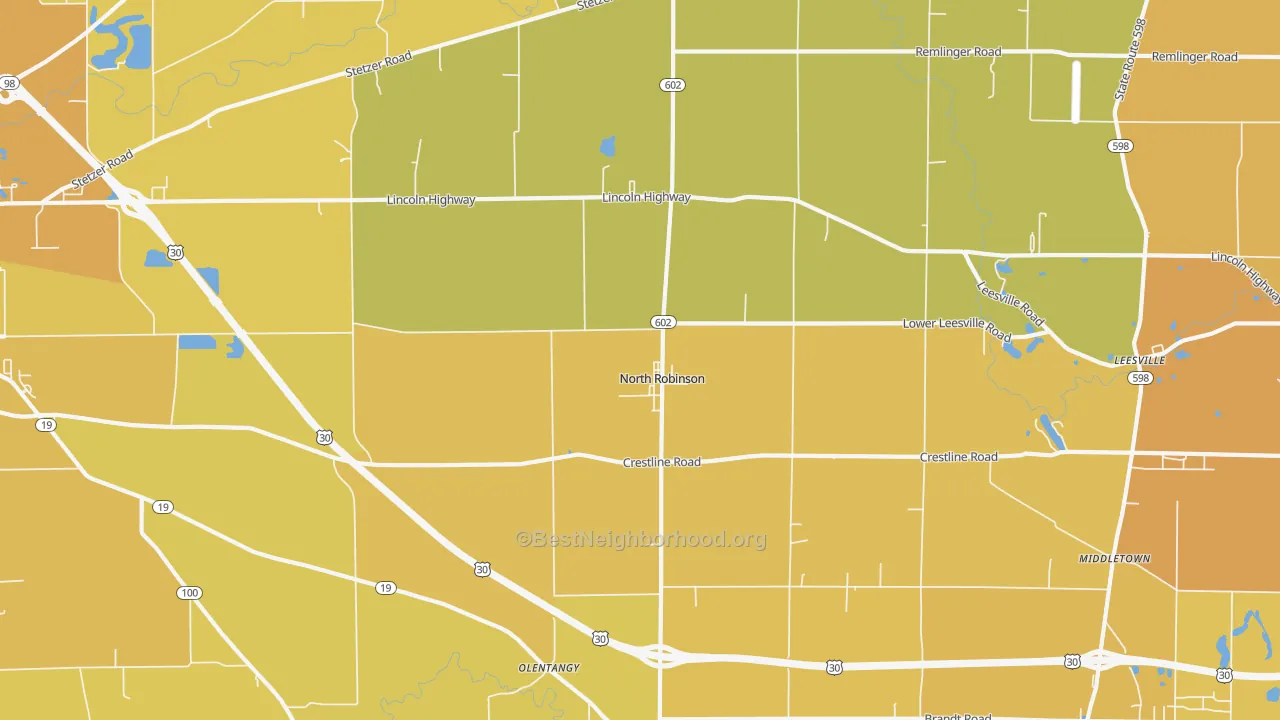 Map of the best neighborhoods in the North Robinson area, with better matches in green and worse matches in red