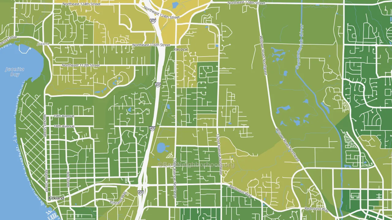 Map of the best neighborhoods in the North Rose Hill, Kirkland area, with better matches in green and worse matches in red
