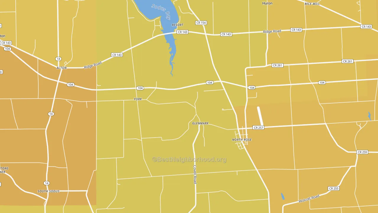 Map of the best neighborhoods in the North Rose area, with better matches in green and worse matches in red
