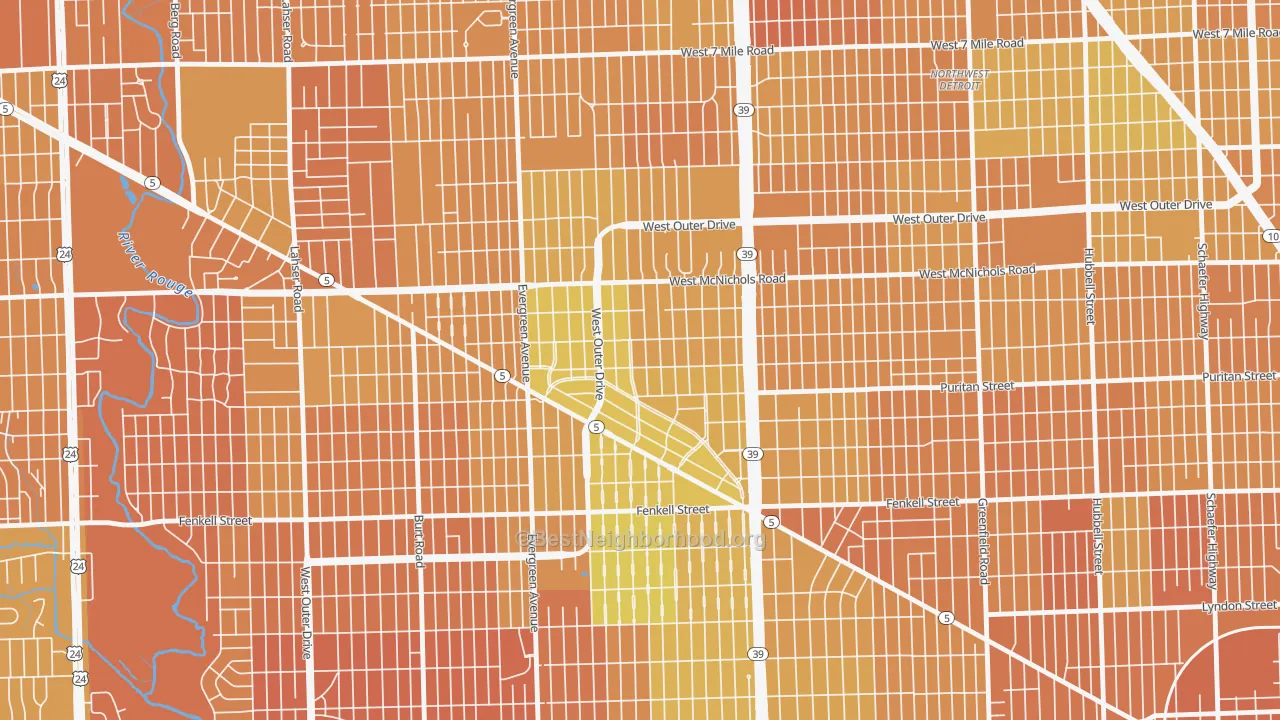 Map of the best neighborhoods in the North Rosedale Park, Detroit area, with better matches in green and worse matches in red