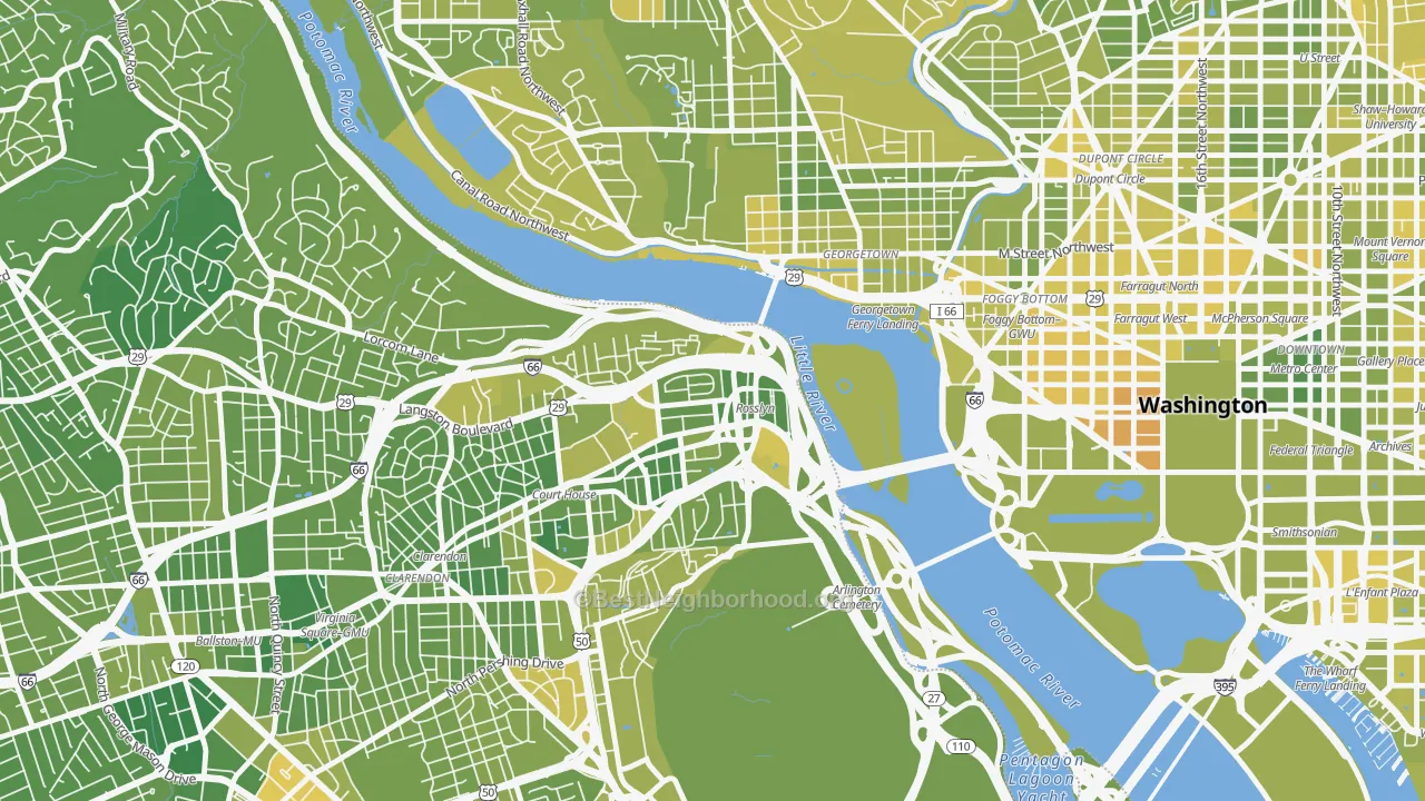 Map of the best neighborhoods in the North Rosslyn, Arlington area, with better matches in green and worse matches in red