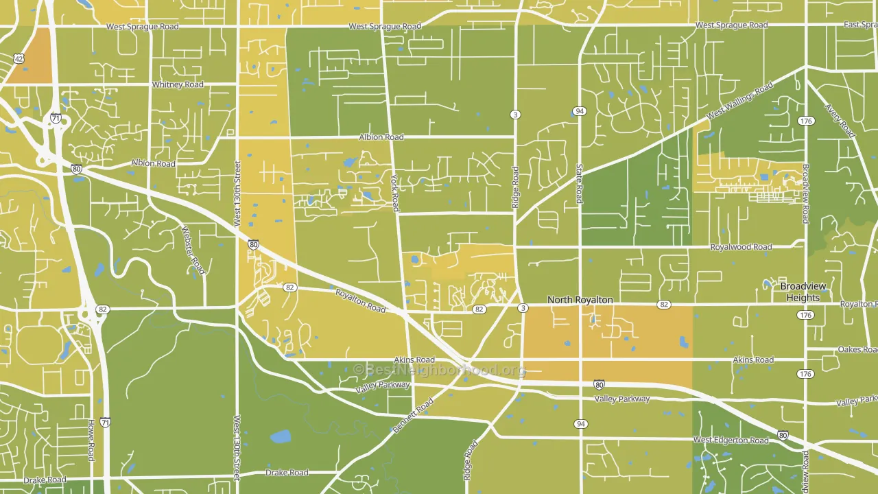 Map of the best neighborhoods in the North Royalton area, with better matches in green and worse matches in red