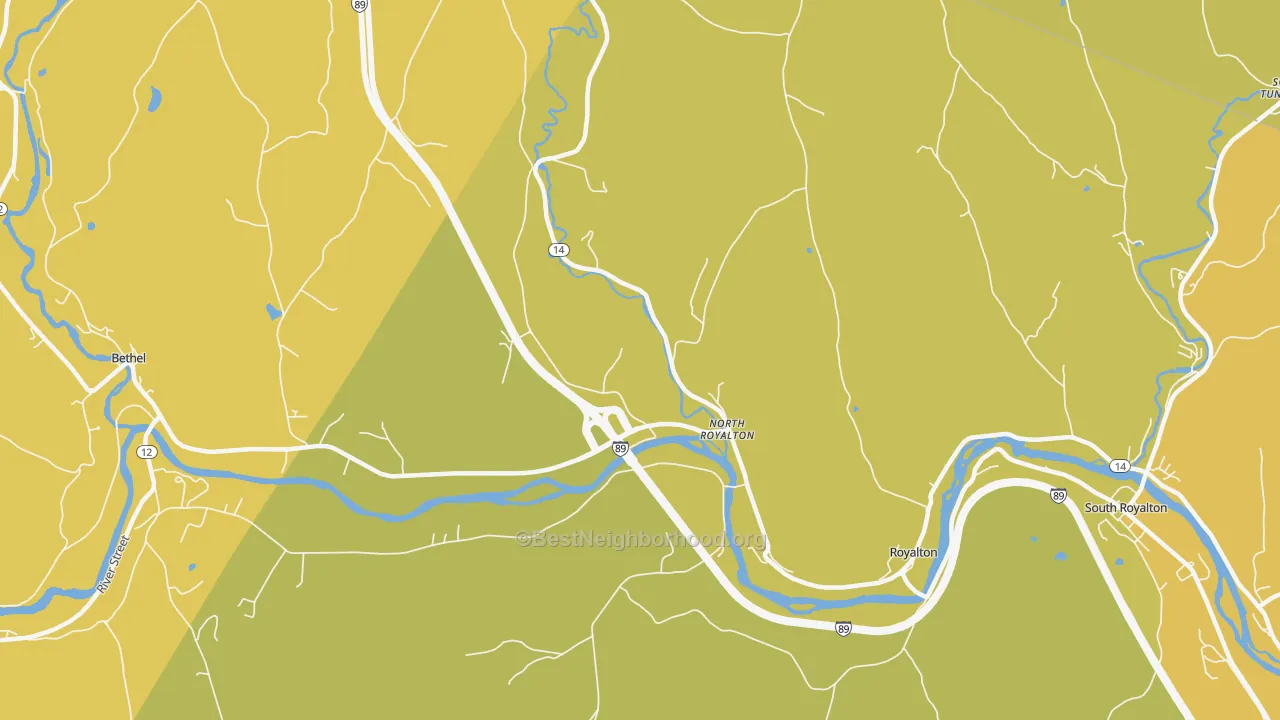 Map of the best neighborhoods in the North Royalton area, with better matches in green and worse matches in red