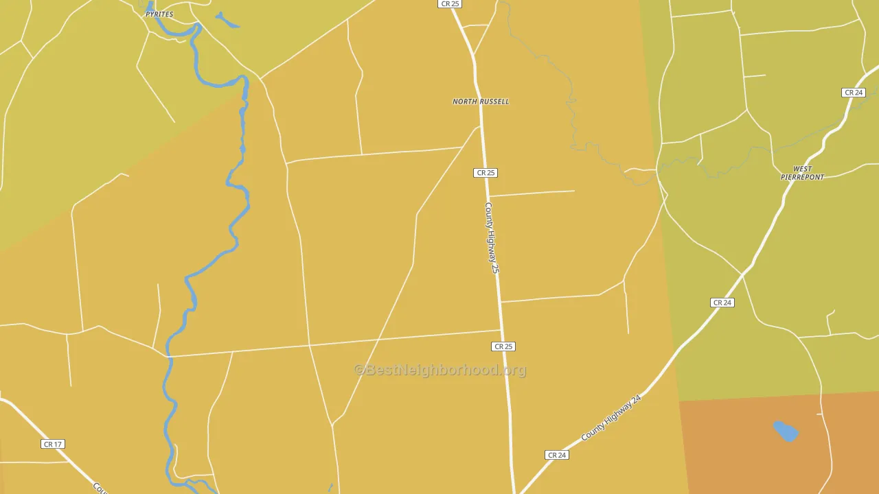Map of the best neighborhoods in the North Russell area, with better matches in green and worse matches in red