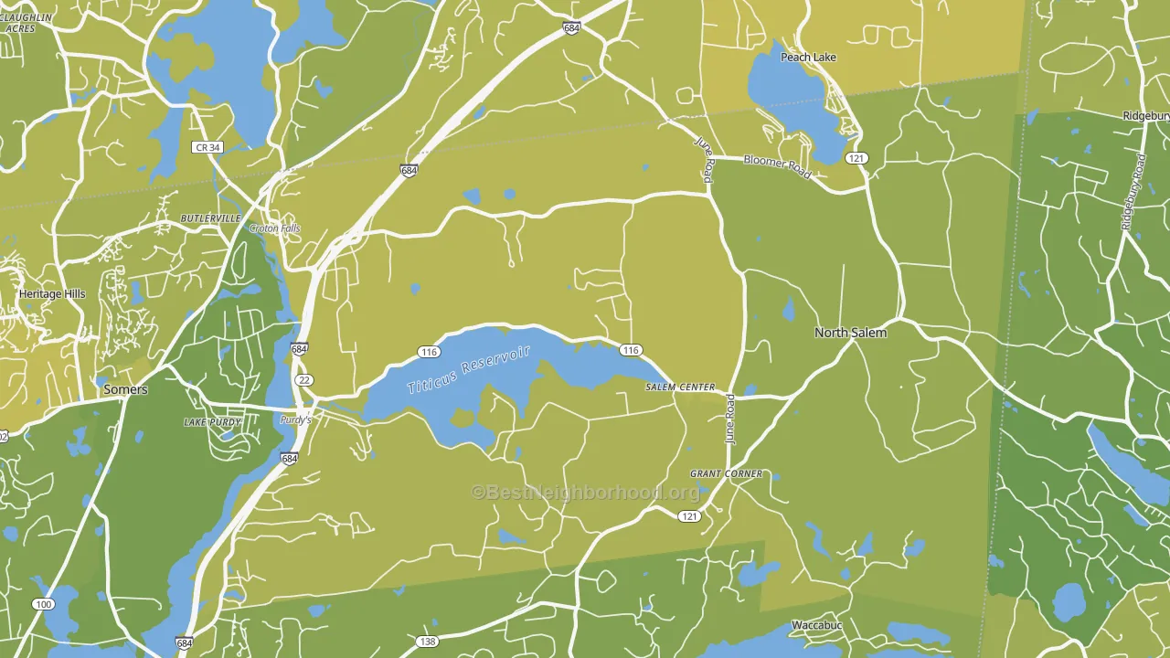 Map of the best neighborhoods in the North Salem area, with better matches in green and worse matches in red