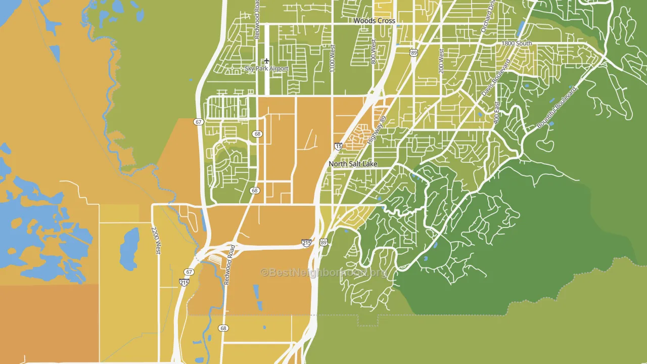 Map of the best neighborhoods in the North Salt Lake area, with better matches in green and worse matches in red